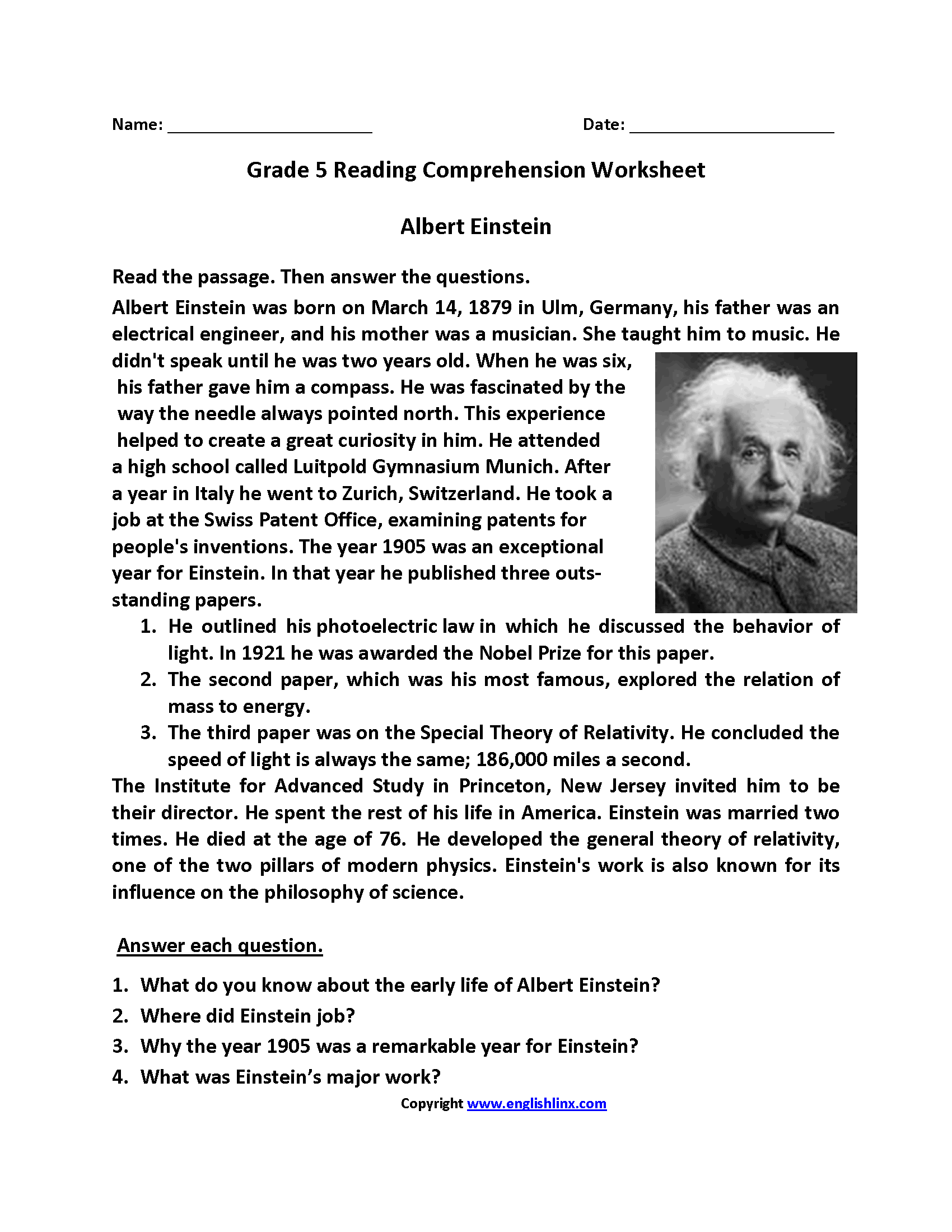 Albert Einstein Fifth Grade Reading Worksheets