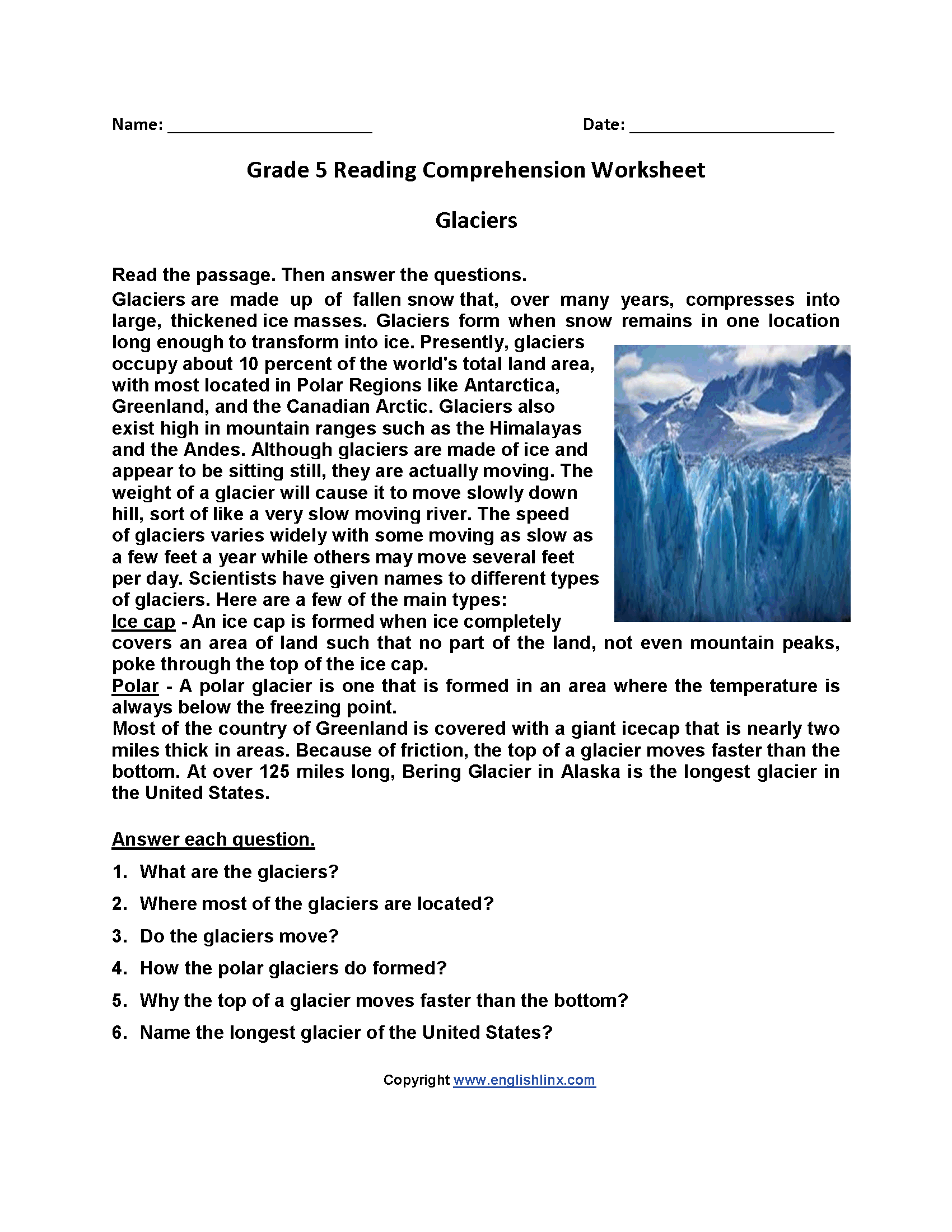 Glaciers Fifth Grade Reading Worksheets