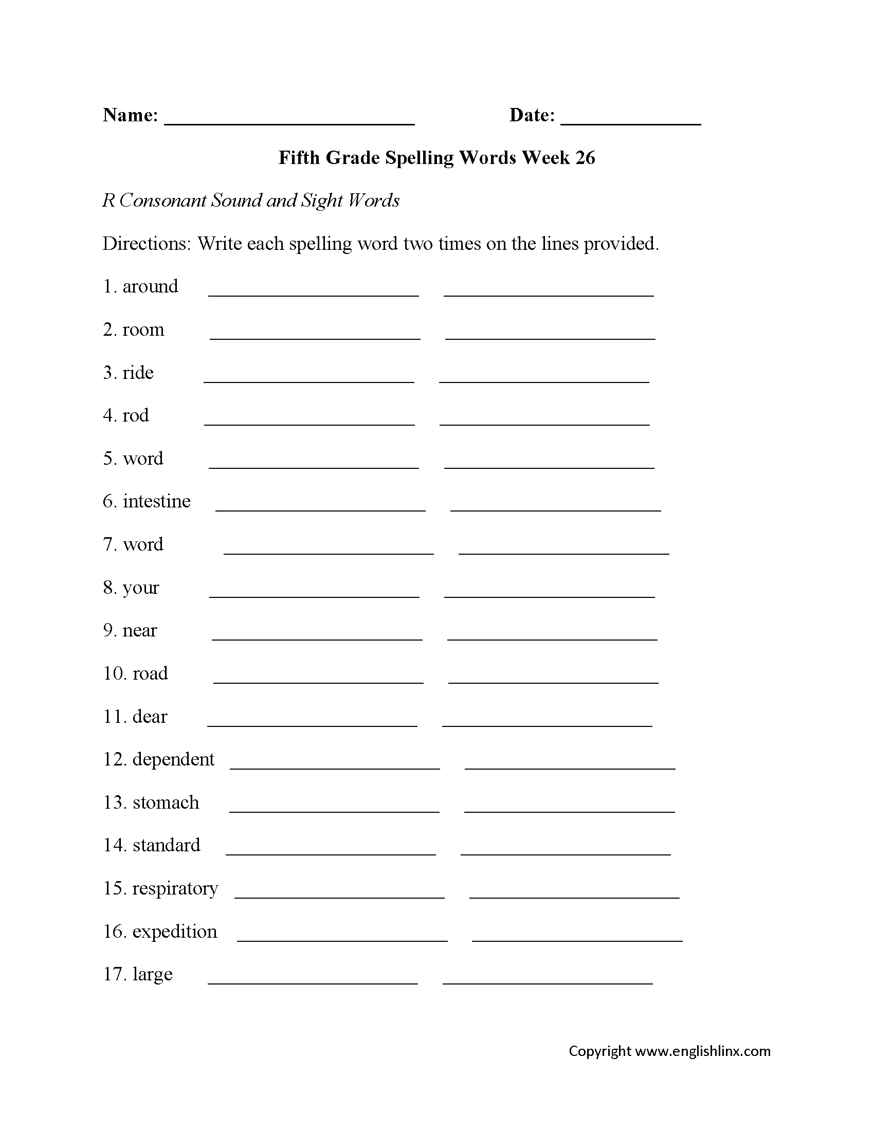 Week 26 R Consonant Fifth Grade Spelling Worksheets