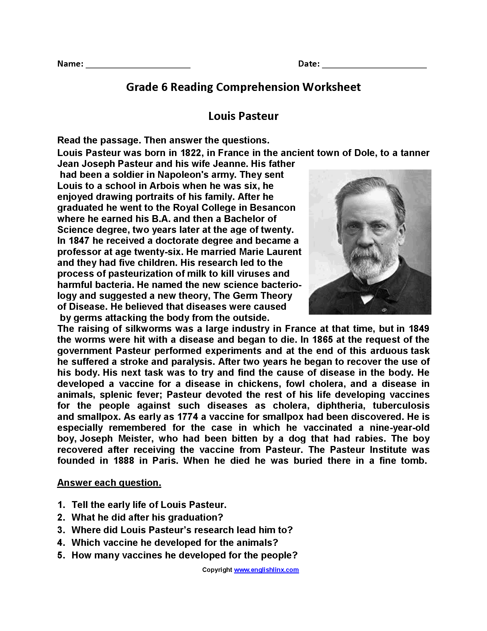 Louis Pasteur Sixth Grade Reading Worksheets