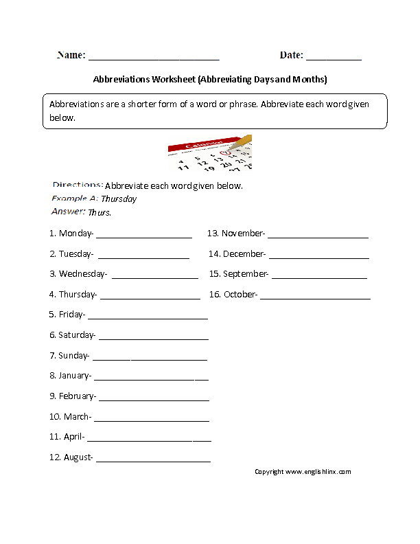 Abbreviating Days and Months Worksheet