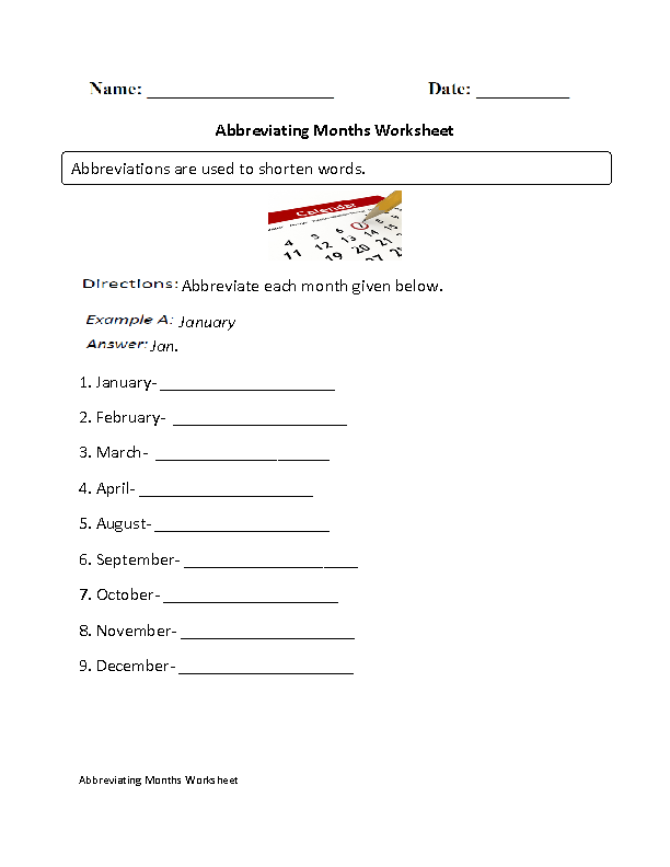 Abbreviating Months Worksheet
