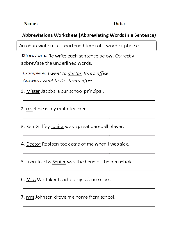 Abbreviating Words in a Sentence Worksheet