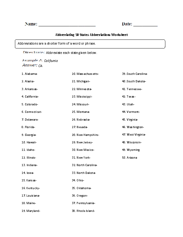 Abbreviations Worksheets | Abbreviating 50 States Worksheet