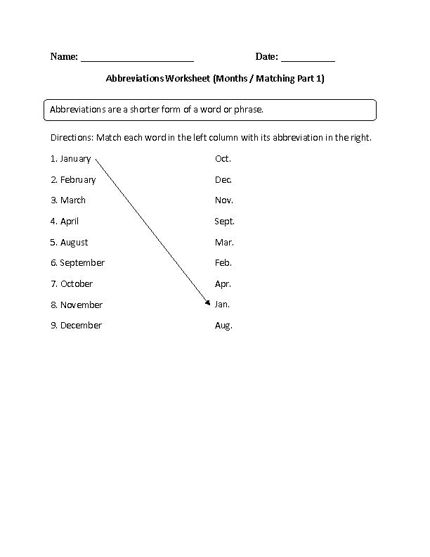 Matching Months Abbreviations Worksheet