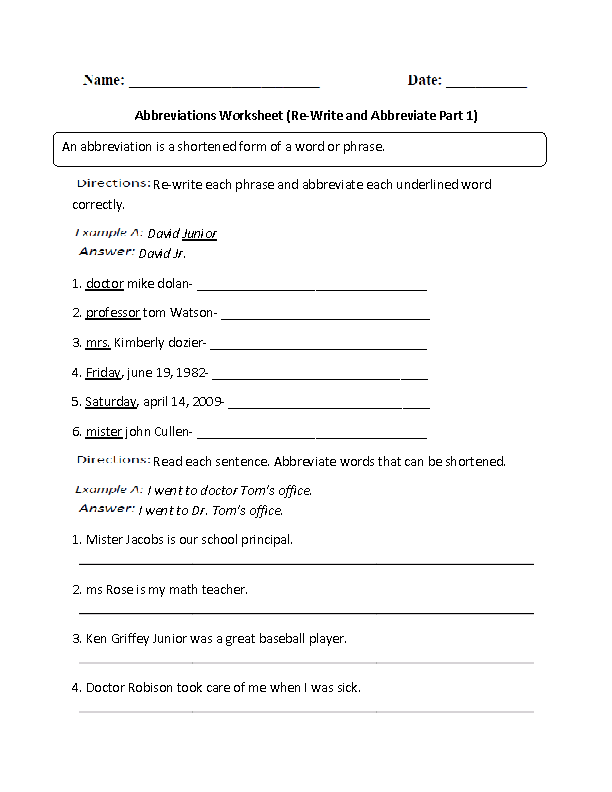 Shortening Words with Abbreviations Worksheet