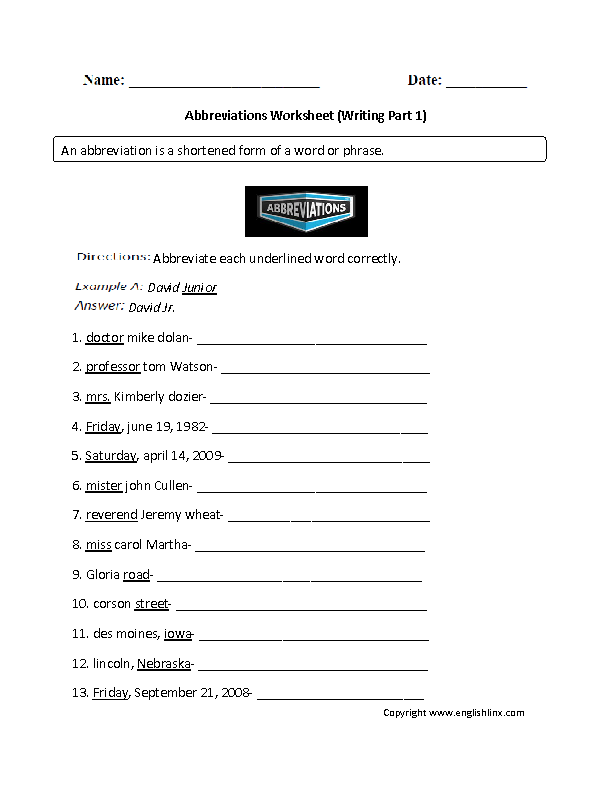 Writing Abbreviations Worksheet