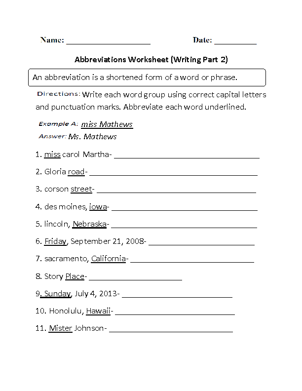 Abbreviations in Context Worksheet Part 2