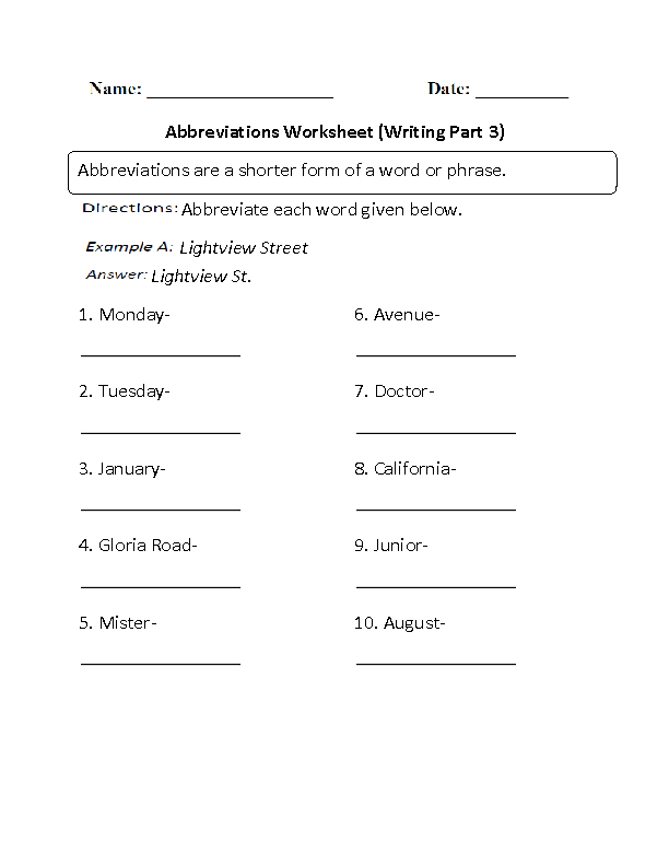 Abbreviations in Context Worksheet Part 3