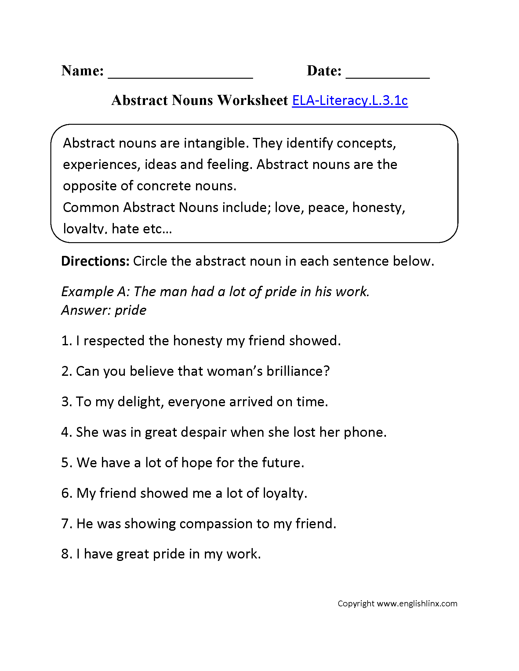 Abstract Nouns Worksheet 1 ELA-Literacy.L.3.1c Language Worksheet