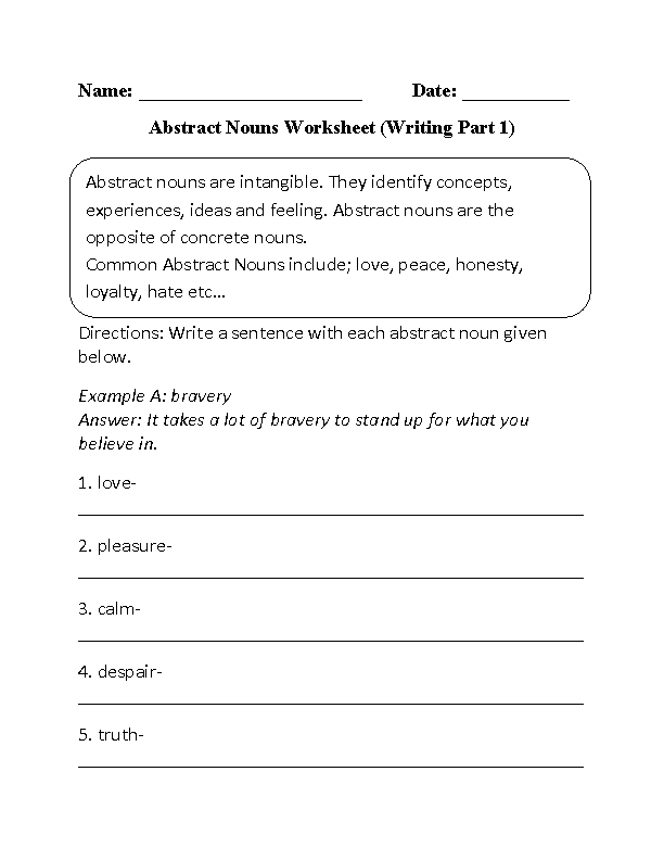 Writing Abstract Nouns Worksheet