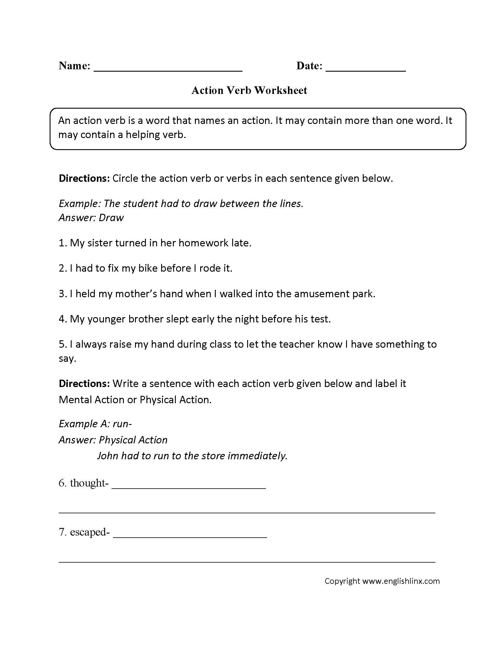 Action Verb Worksheet