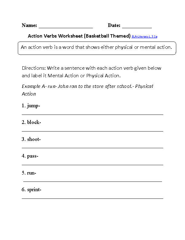 Verbs Worksheet 1 ELA-Literacy.L.3.1a Language Worksheet