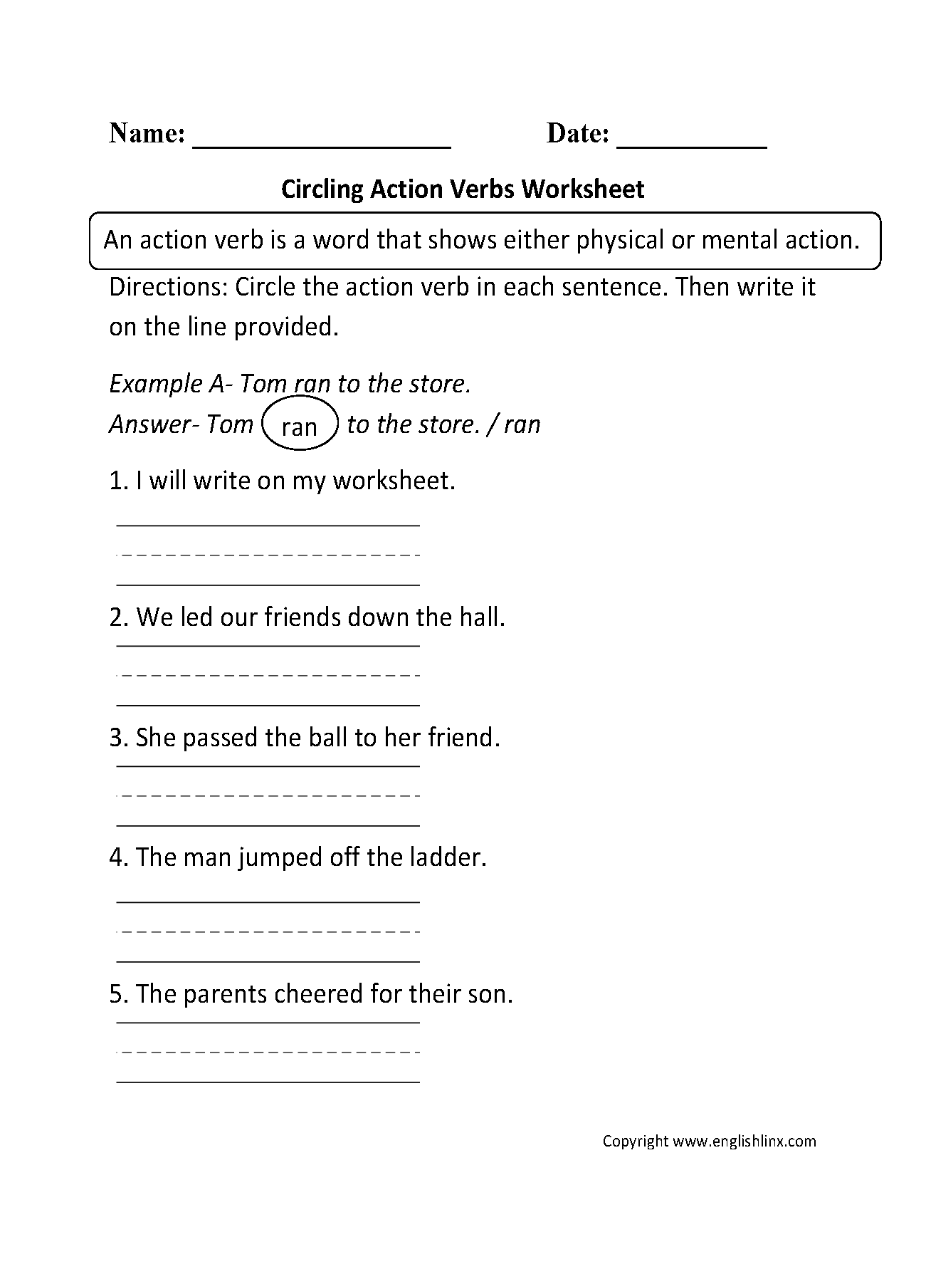 Circling Action Verbs Worksheet