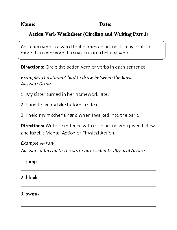 Verbs Worksheets Action Verbs Worksheets