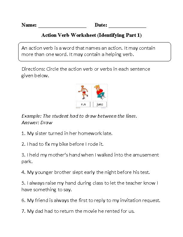 Identifying Action Verbs Worksheet Part 1