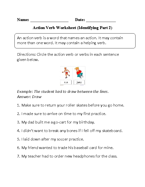 Identifying Action Verbs Worksheet Part 2
