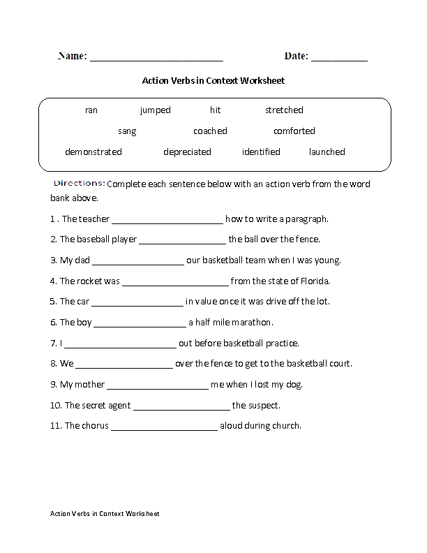 Action Verbs in Context Worksheet