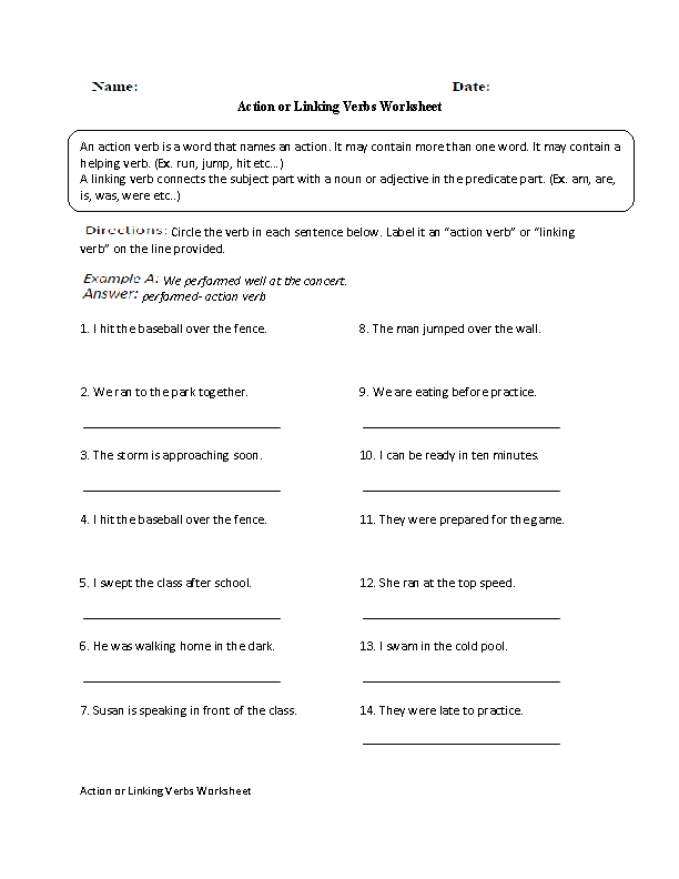 Action Verbs Worksheetss | Action or Linking Verbs Worksheet