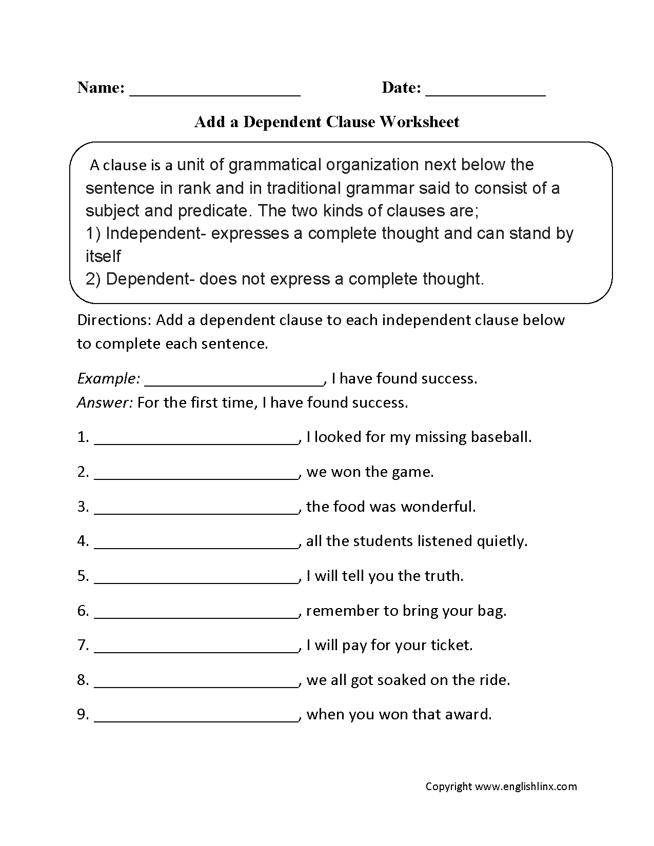 Add Dependent Clause Worksheets