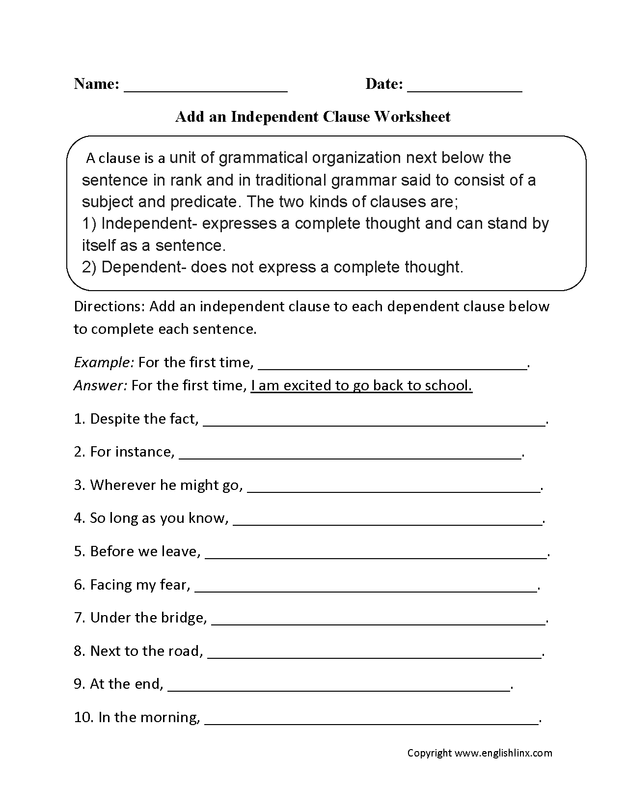 Parts of a Sentence Worksheets | Clause Worksheets