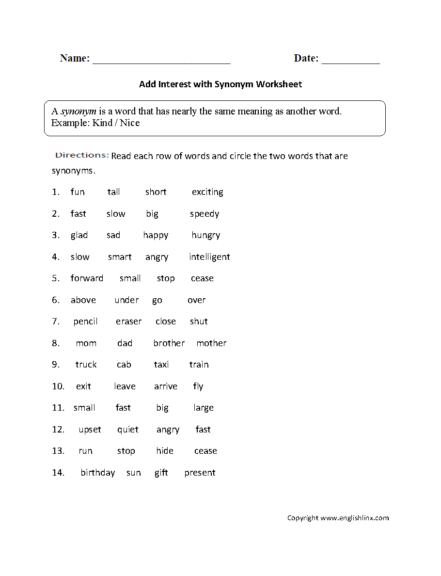 Add Interest with Synonoym Worksheet