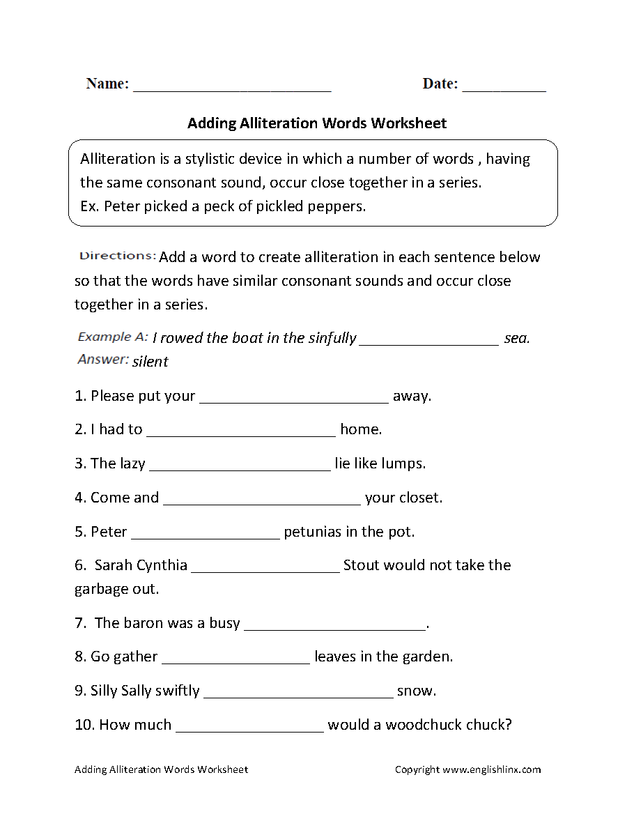 Adding Alliteration Words Worksheet
