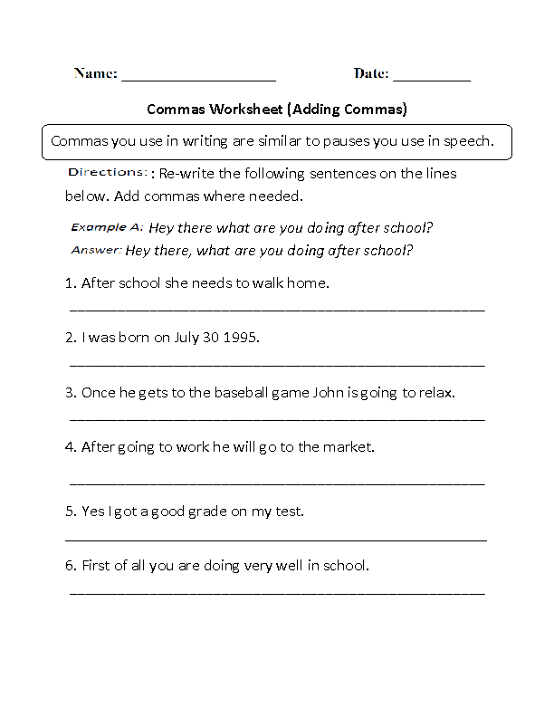Adding Commas Worksheets Part 1