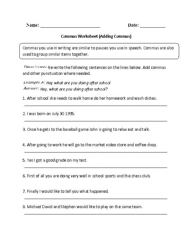 Commas In A Series Worksheet