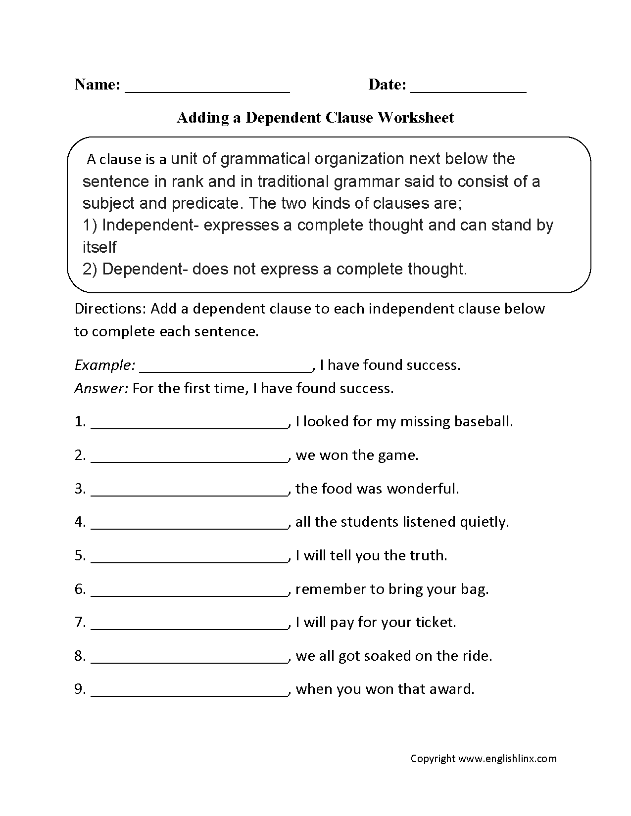Adding a Dependent Clause Worksheet