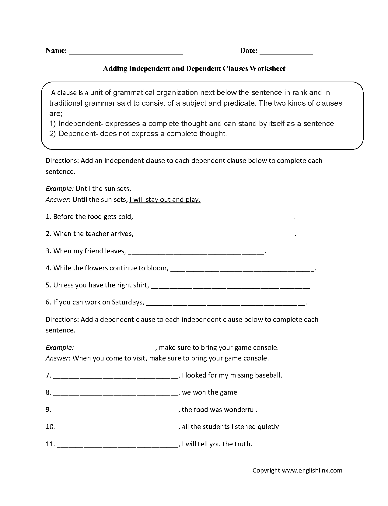 Adding Dependent and Independent Clauses Worksheet