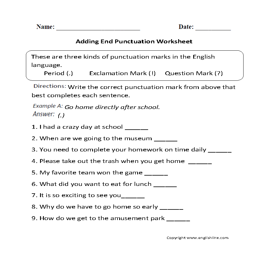 Punctuation Worksheets | Adding Ending Punctuation Worksheet