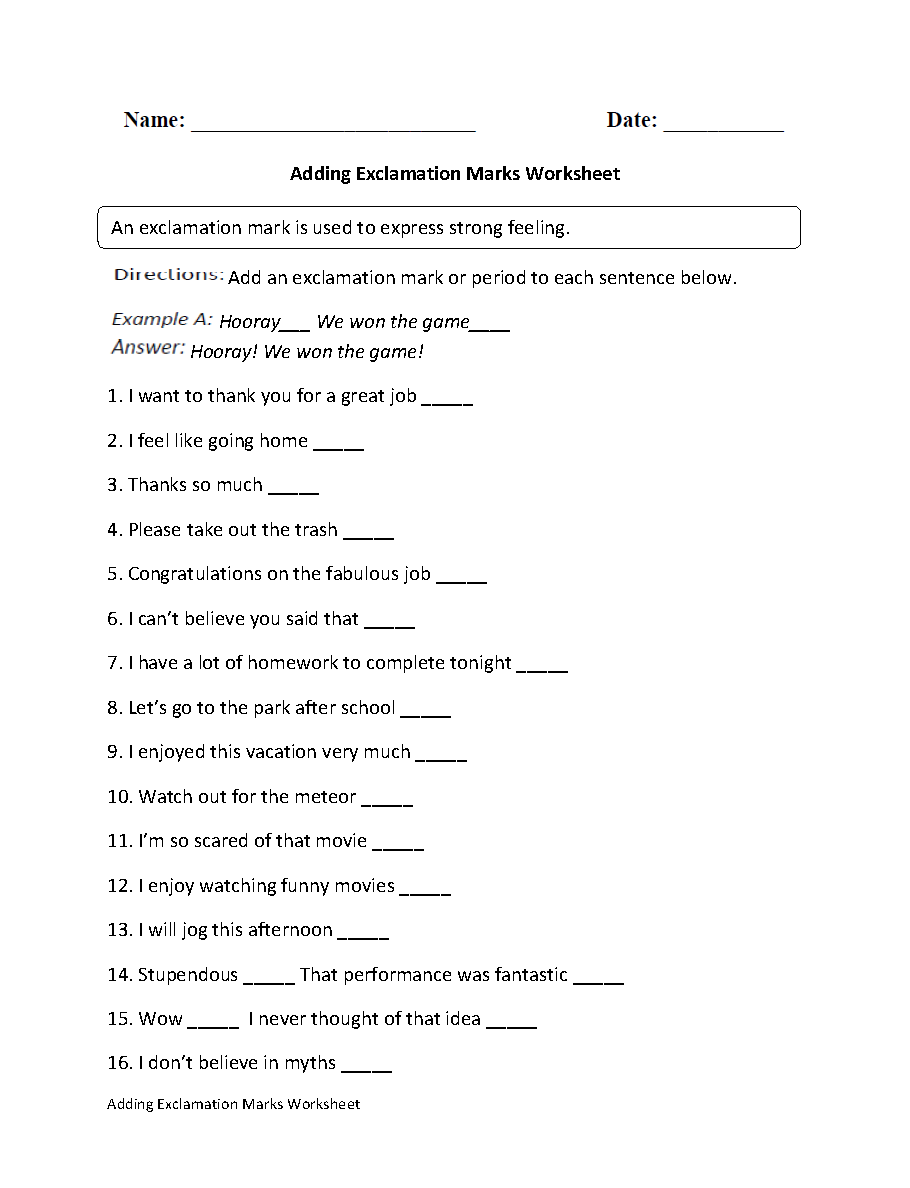 Exclamation Marks Worksheets | Adding Exclamation Mark Worksheet