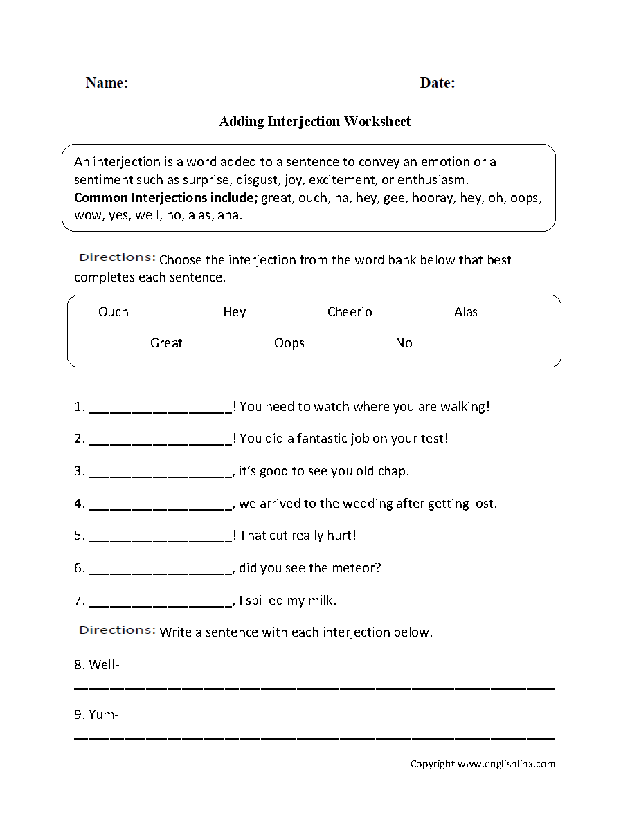 Adding Interjection Worksheet