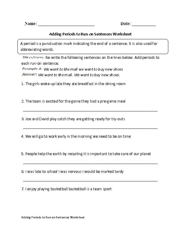 Adding Periods to Run-on Sentences Worksheet