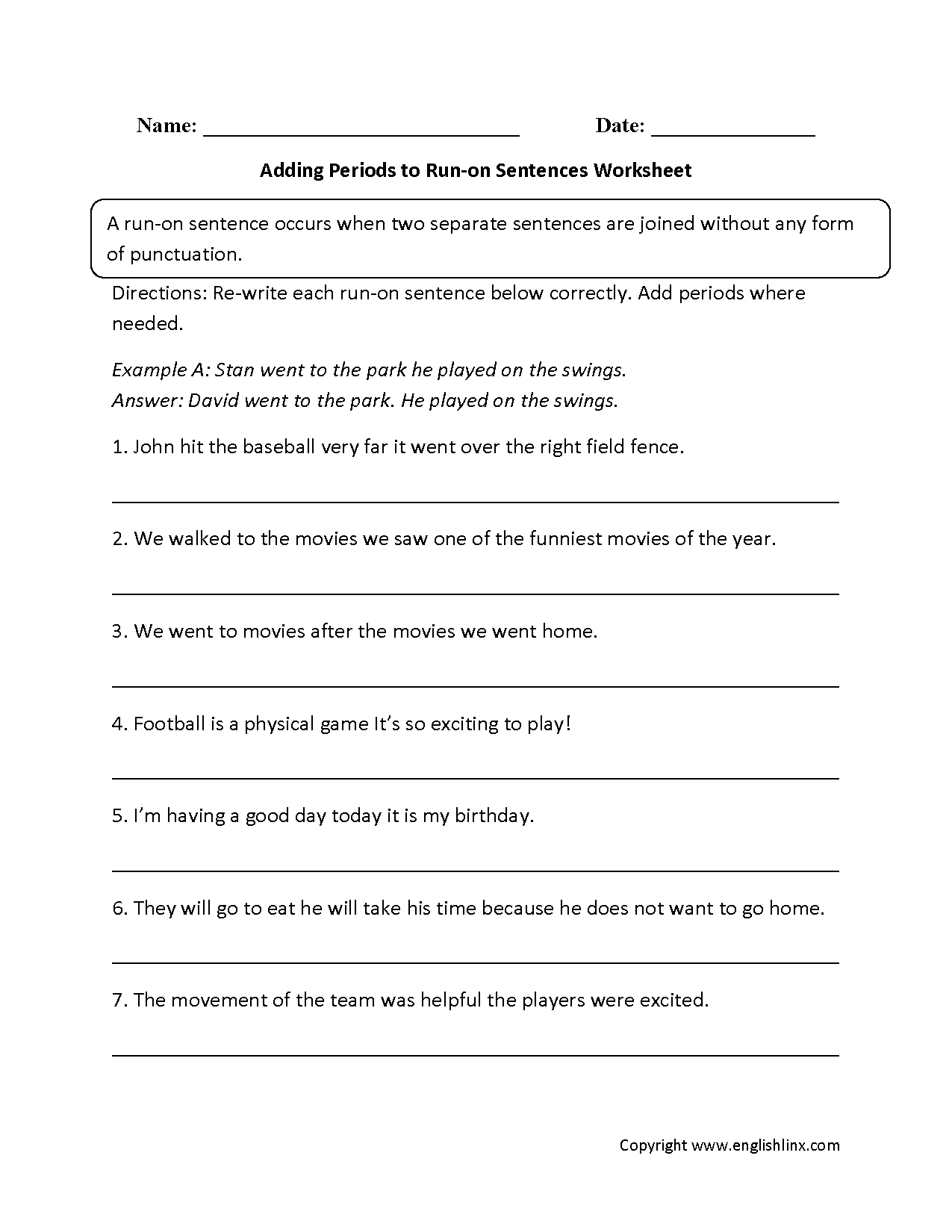 Adding Periods to Run on Sentences Worksheets