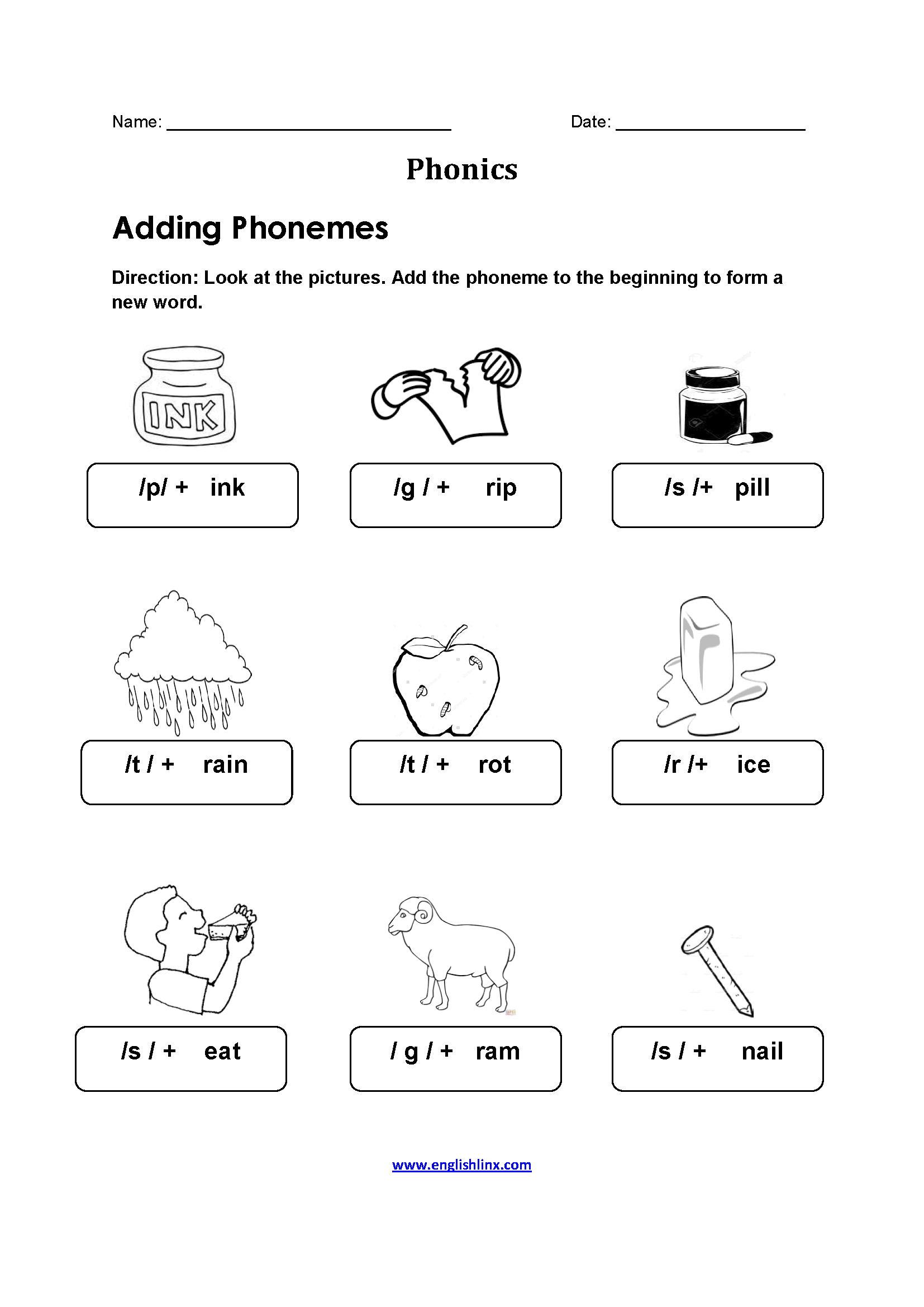 Adding Phonemes Pictures Phonics Worksheets