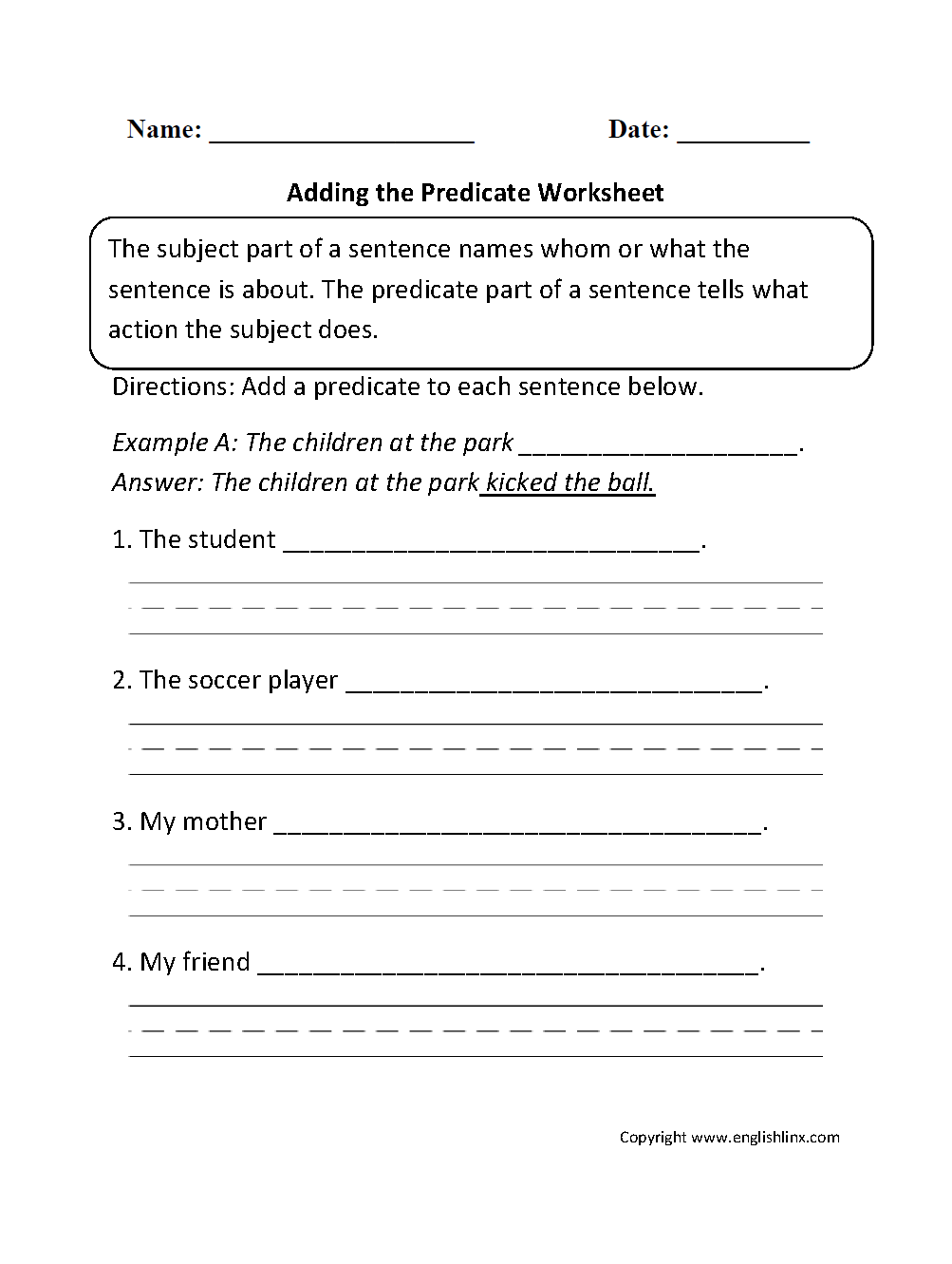 Subject Predicate Worksheet Pdf