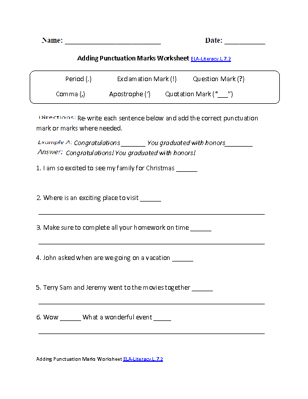Adding Punctuation ELA-Literacy.L.7.2 Language Worksheet