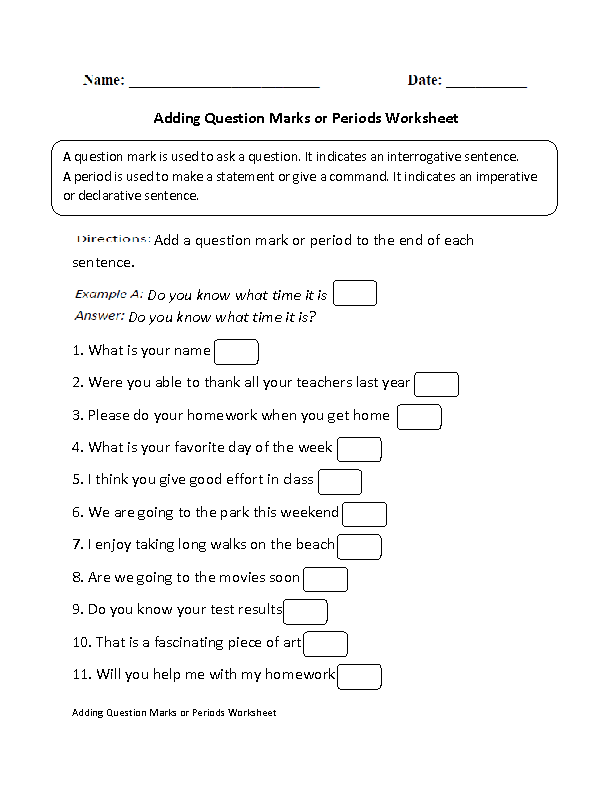 Adding Question Marks or Periods Worksheet