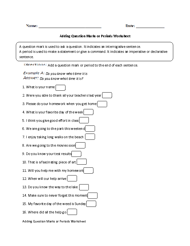 Adding Question Marks or Period Worksheet