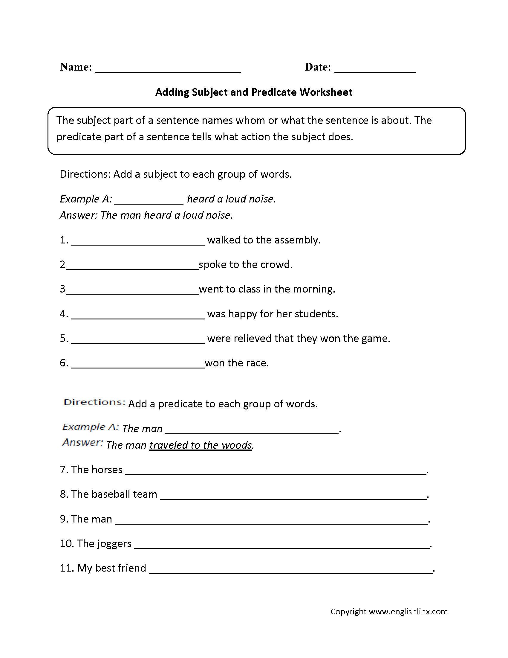 Parts of a Sentence Worksheets