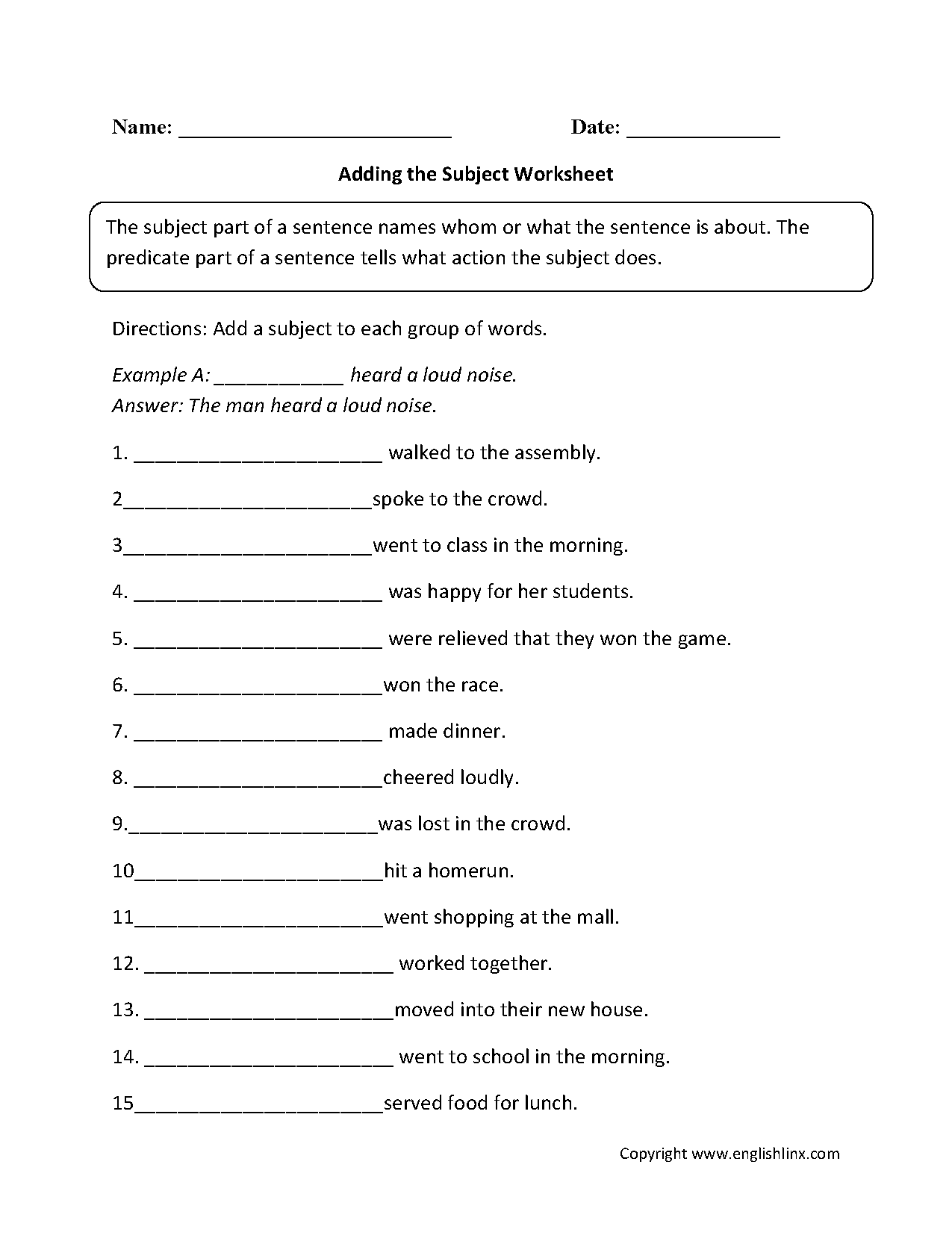 Adding a Subject Worksheet