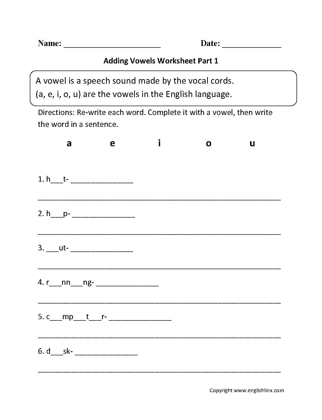 Adding Vowels Worksheet Part 1