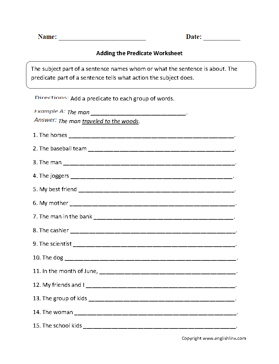 Parts of a Sentence Worksheets | Subject and Predicate Worksheets