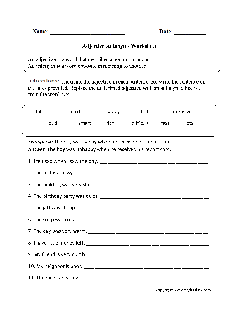 Adjective Antonyms Worksheets