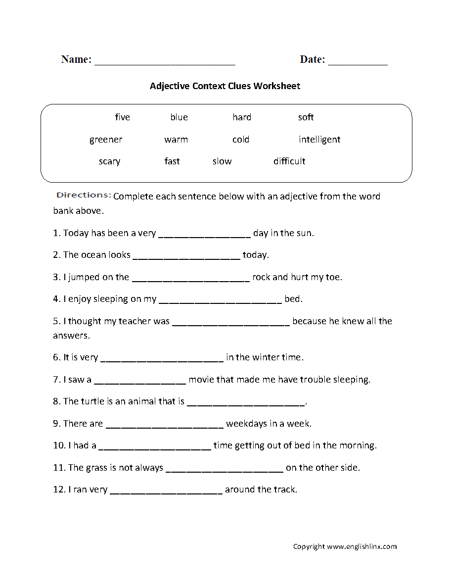 Adjective Context Clues Worksheet