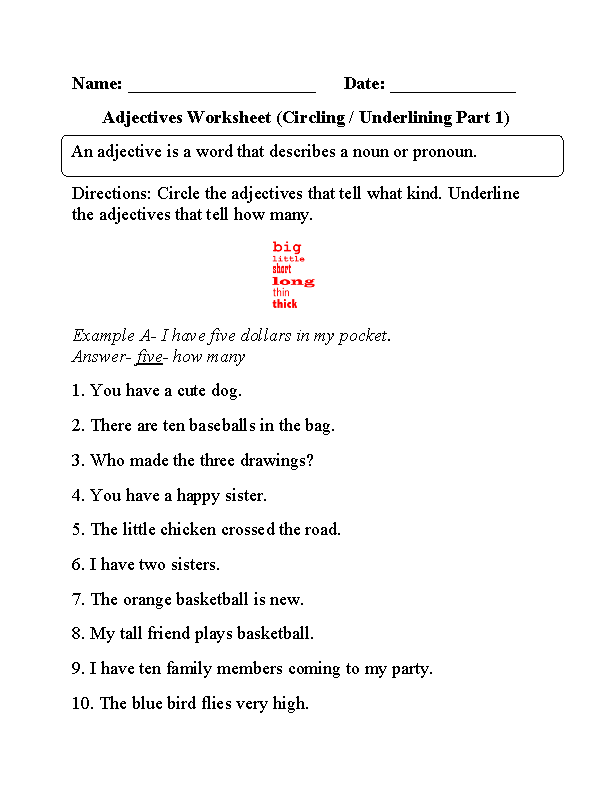 Circling and Underlining Adjectives Worksheet