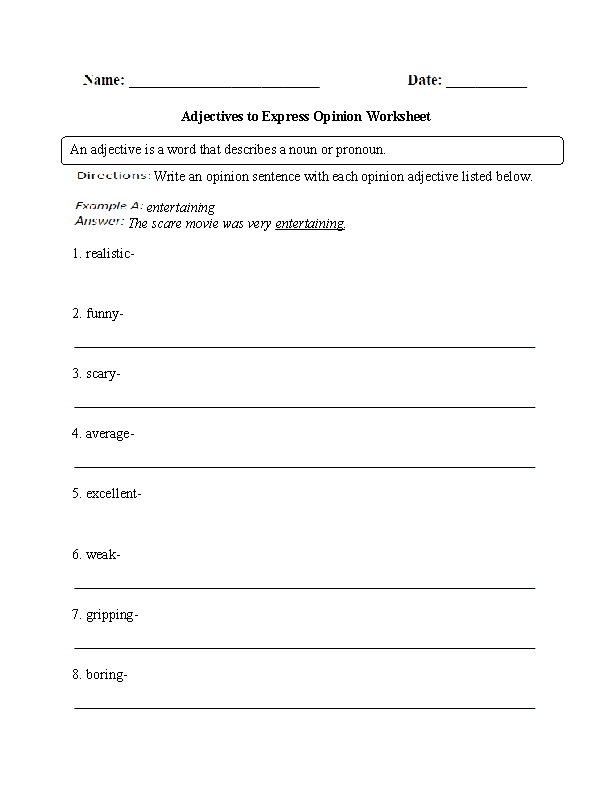 Adjectives to Express Opinion Worksheet