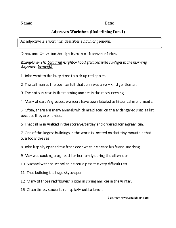 Regular Adjectives Worksheets Underlining Adjective Worksheet